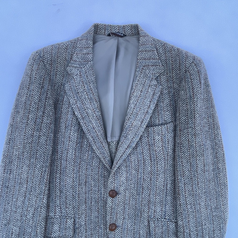 Vintage 1960s Harris Tweed Herringbone Blazer 42R Brown 100% Wool Made In USA - Picture 3 of 16
